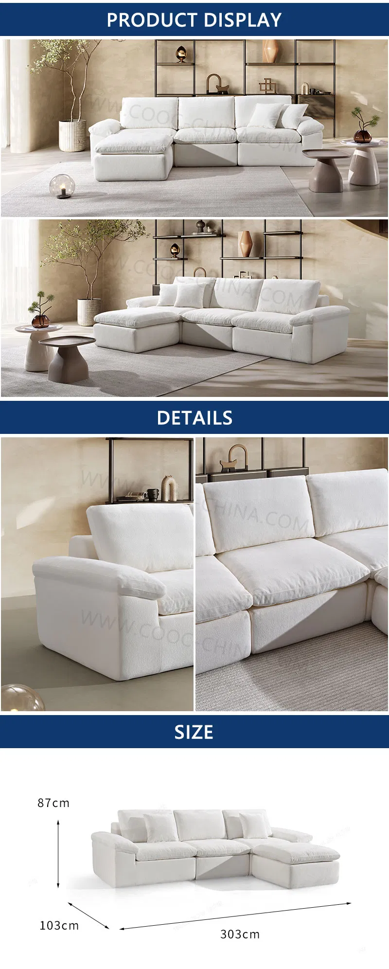 Sofá Modular Seccional em Forma de L de Tecido Moderno com Espuma Sem Ossos, Comprimido a Vácuo, Combinação de Canto, Sofá Nuvem para Sala de Estar