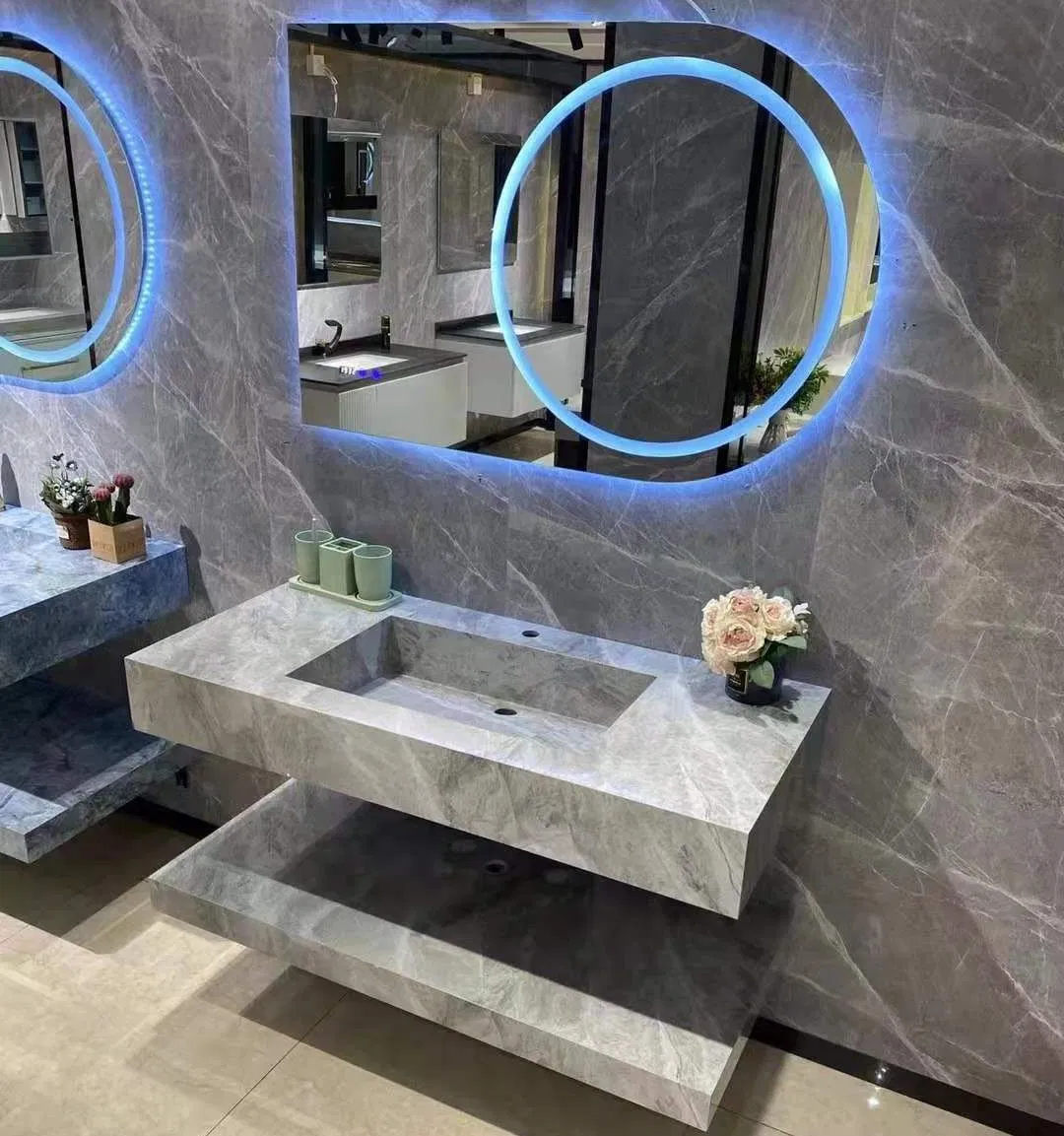 Novo Sinterizado 15mm Tamanho Personalizado Dupla Camada Mármore Sinterizado Pedra Montada na Parede Mobiliário de Hotel Armário de Banheiro Vanity