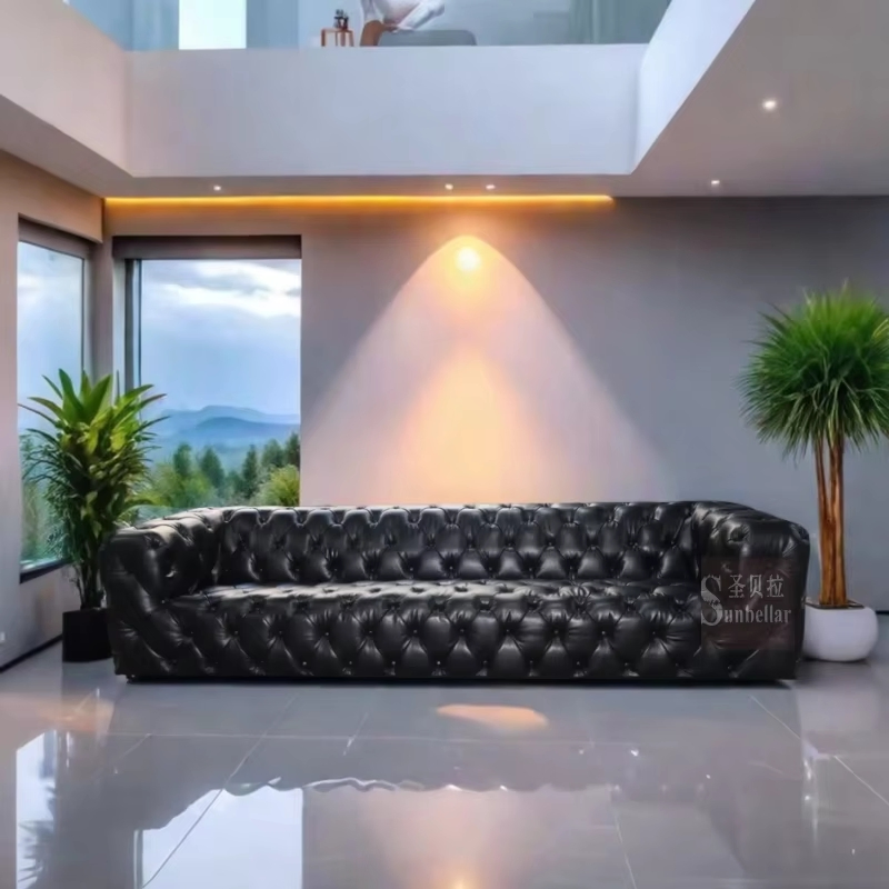 Sofá Chesterfield de Couro Genuíno Personalizado para Sala de Estar, Escritório, Hotel 3 lugares