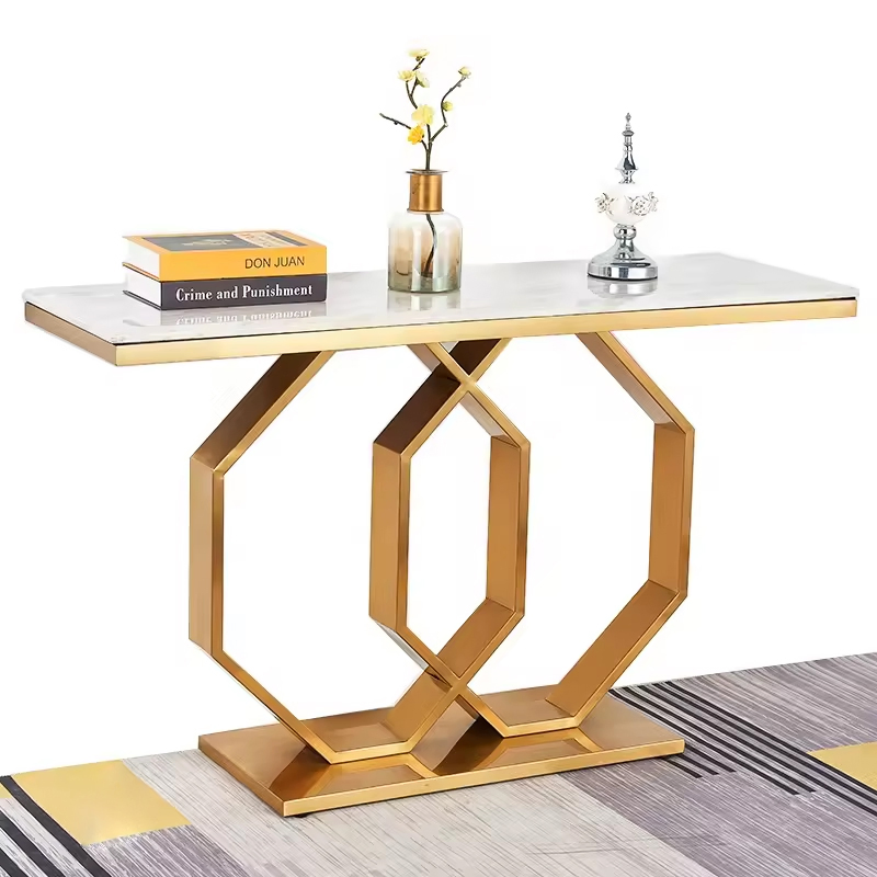 Mesa de Console Longa Grande Quadrada Branca em Mármore Falso com Pernas Altas Douradas para Lobby de Hotel Criativo Minimalista Moderno Italiano de Luxo