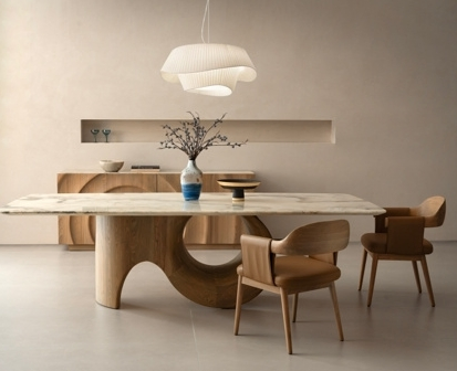 Mesa de Jantar de Mobiliário para Casa Moderna Nórdica em Madeira com Base de Aço Inoxidável e Mármore Natural