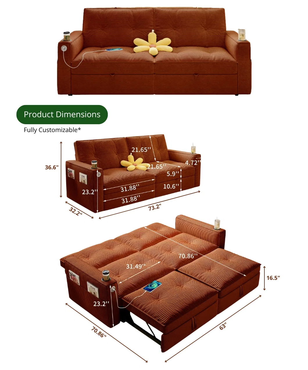 Sofá-cama funcional com duplo puxar, com encostos ajustáveis