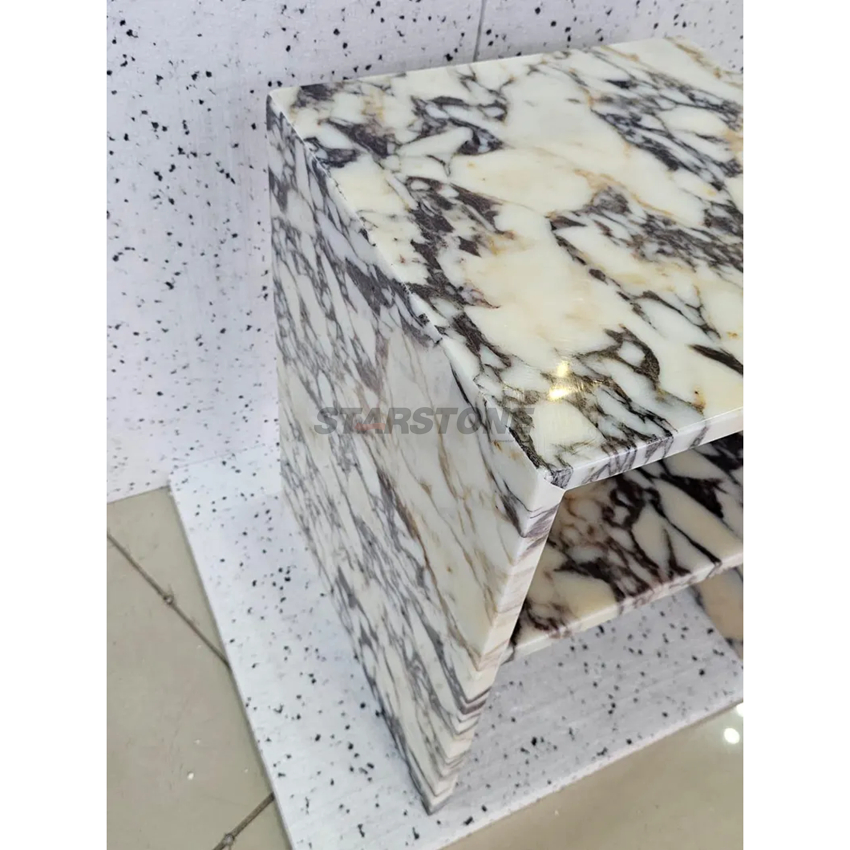 Mesa de Cabeceira de Luxo Starstone em Mármore Calacatta Viola Branca, Mesa Lateral, Plinto