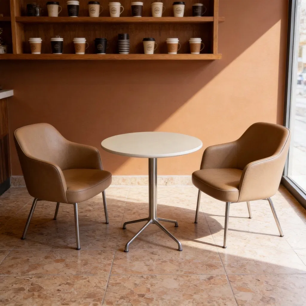 Mesa redonda de madeira para restaurante, base de aço inoxidável, mesa de café, design simples, mesa para escritório e sala de negociação