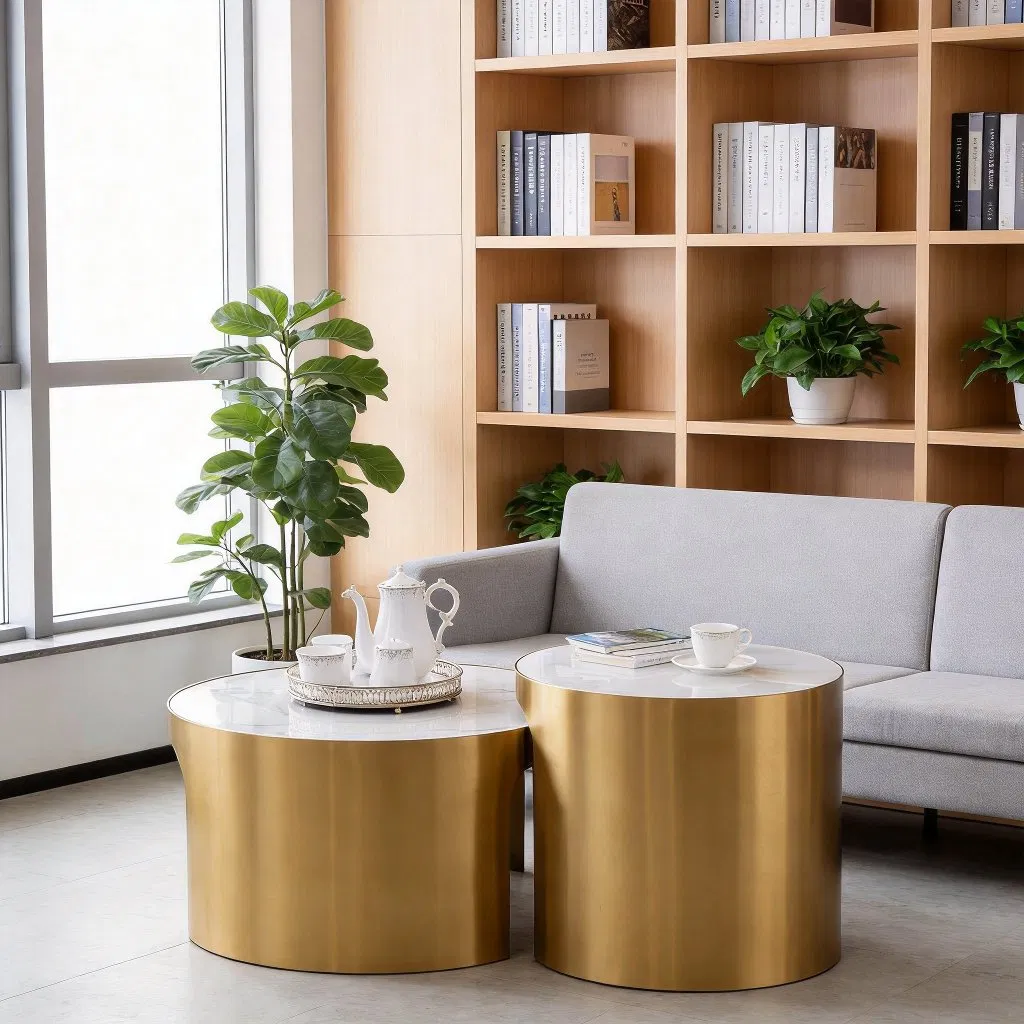 Conjunto de Mesas de Café Laterais Redondas de Mármore Artificial de Luxo para Sala de Estar, com Estrutura de Aço Inoxidável em Ouro Titânio, Mesas de Café Circulares e Brancas em Camadas