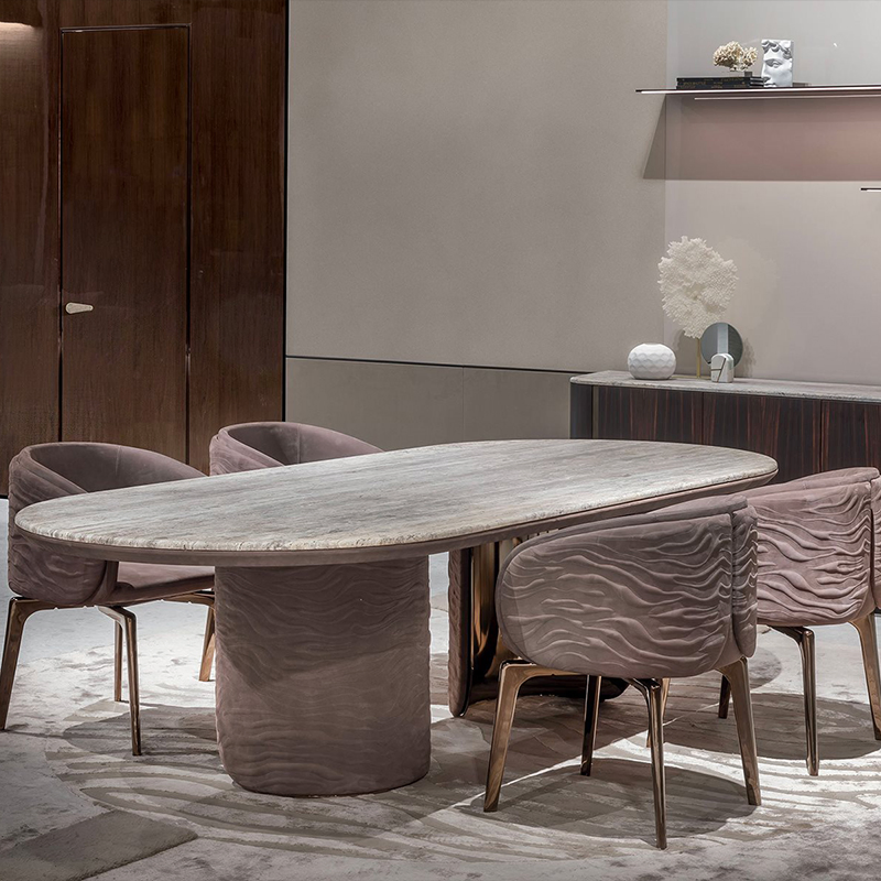 Mesa de Jantar Oval de Mármore Luxuosa com Pedestais Duplos e Pernas de Metal para Decoração de Villa