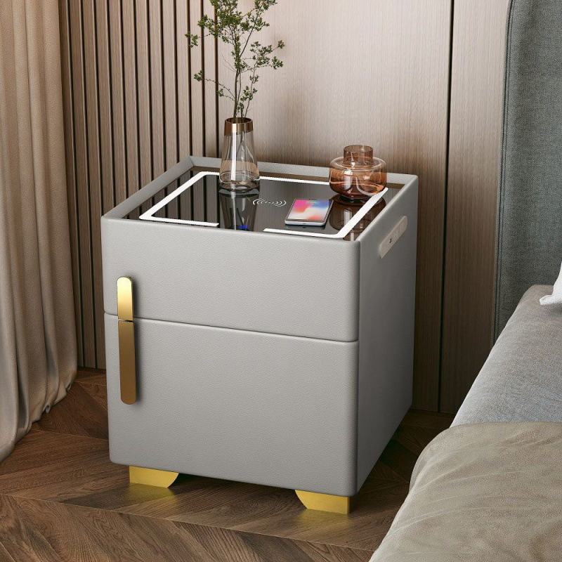 Mesa de cabeceira moderna de luxo em madeira com carregador USB, mesa de cabeceira de couro luxuoso e seguro, mesa de cabeceira inteligente com luz LED e alto-falante