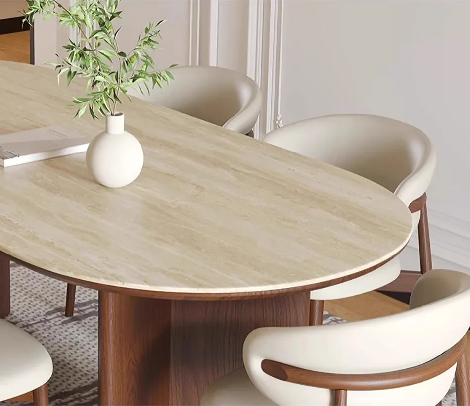 Mesa de Jantar Moderna Escandinava Extensível em Madeira Sólida com Topo de Mármore