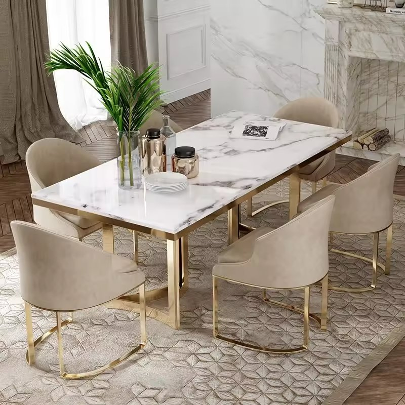 Conjunto de Mesa de Jantar de Luxo Italiana para Sala de Jantar Mesa Quadrada com Topo de Mármore