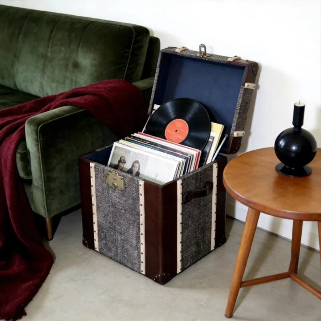 Vintage Industrial Genuine Leather Top Storage Bedside Bedroom Coffee Side Table