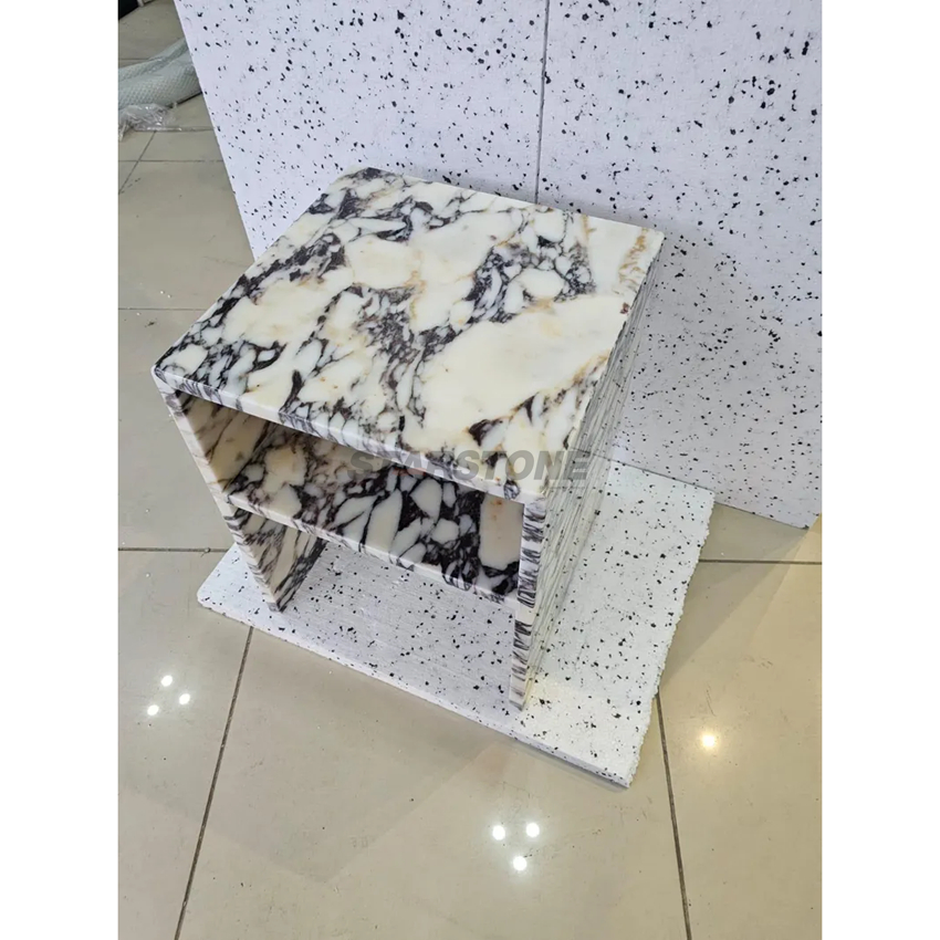 Mesa de Cabeceira de Luxo Starstone em Mármore Calacatta Viola Branca, Mesa Lateral, Plinto