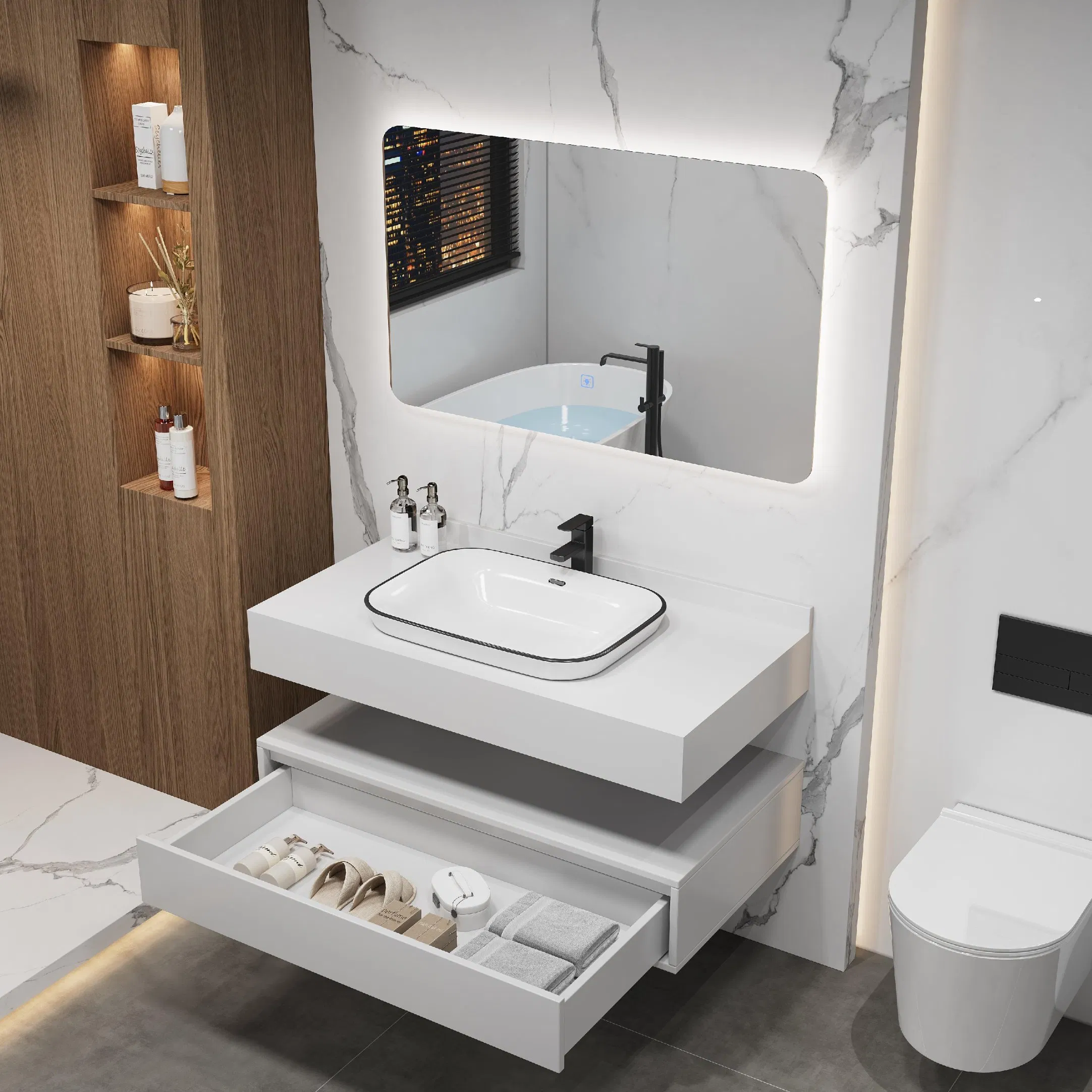 Design de Cor de Mármore Slab Rock Moderno Unidade de Banho Espelho Pia Flutuante Vanidade de Banheiro