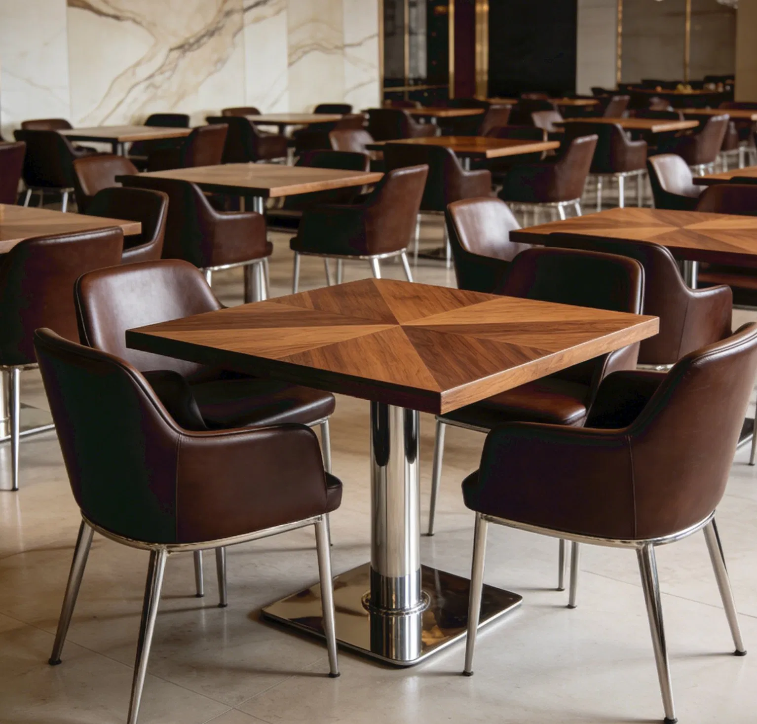 Conjunto de Mesa e Cadeiras de Restaurante em Grão de Noz Luxuoso, Mesa Quadrada de Madeira para Café, Mobiliário de Bistrô com Base Robusta