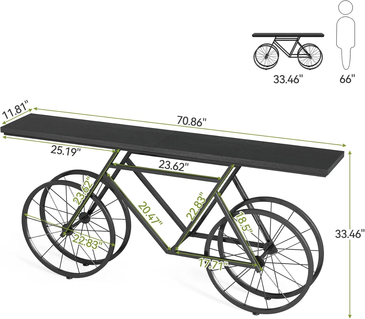 Mesa de Sofá Estreita de Design Preto para Bicicleta 70.9-Inch Mesa de Consola Extra Longa para Entrada