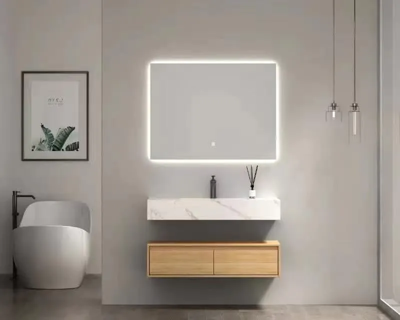 Vanidade de Banheiro em Pedra Sinterizada Premium com Espelho LED Dupla Pia Tamanho Grande