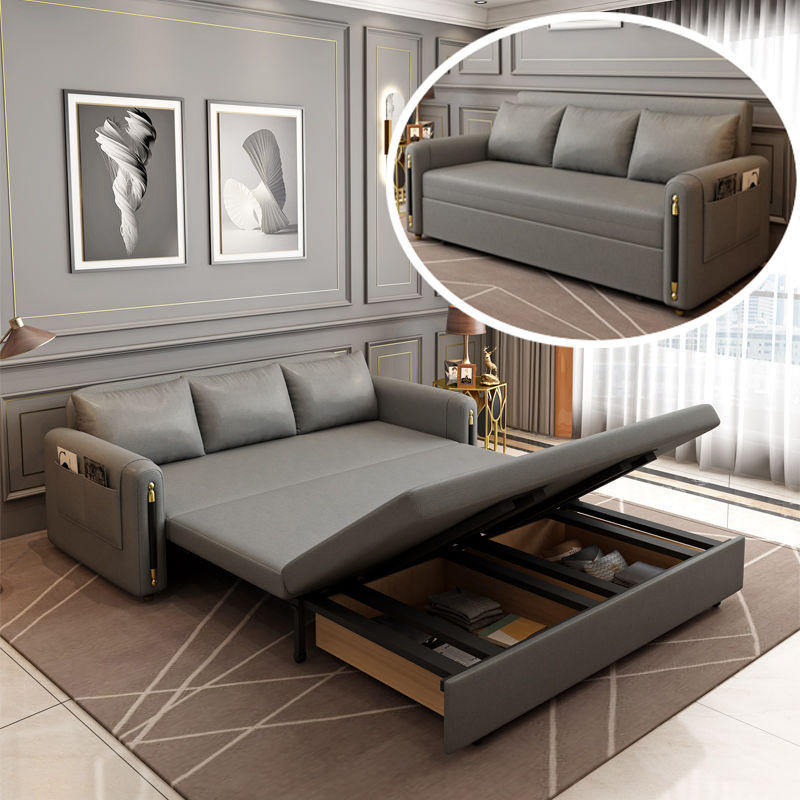 Sofá-cama moderno de madeira maciça com bolso de armazenamento