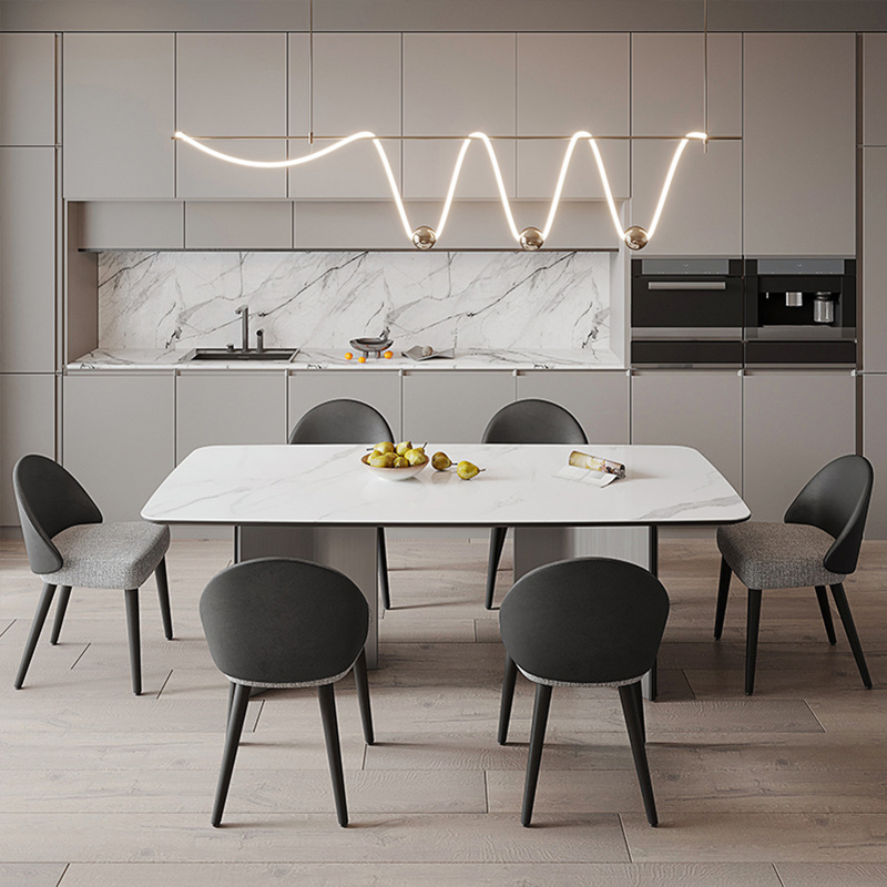Conjunto de Móveis para Sala de Jantar em Estilo Moderno Italiano com Tampo de Mármore e Pernas de Aço Inoxidável, Mesa de Jantar Retangular em Pedra Sinterizada para o Lar