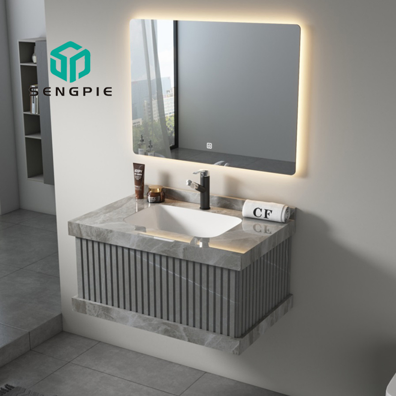 Vanidade de banheiro moderna de luxo com pias duplas, design individual, gabinete em pedra sinterizada com espelho