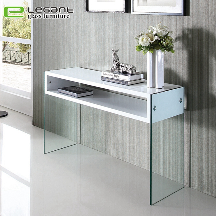Mesa Console de Vidro Curvo Transparente com Prateleira de Vidro Temperado