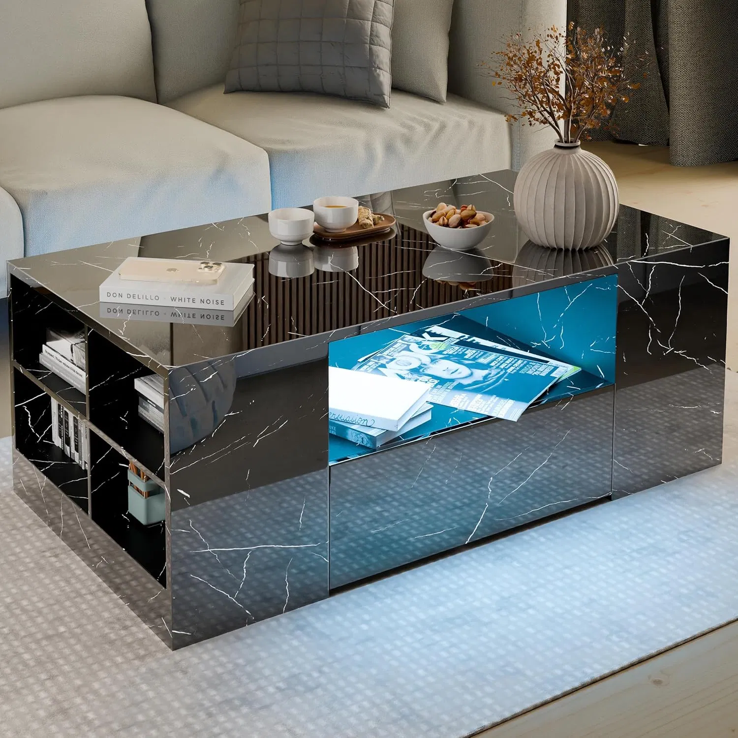Mesa de Centro Prática com Gavetas Iluminadas, Prateleiras Abertas e Acabamento Brilhante para Uso Diário
