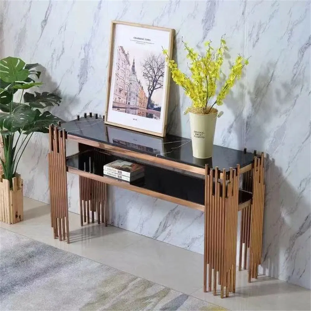 Mesa de console com tampo de mármore e estrutura de aço inoxidável dourado em forma de grama para decoração de corredor de hotel