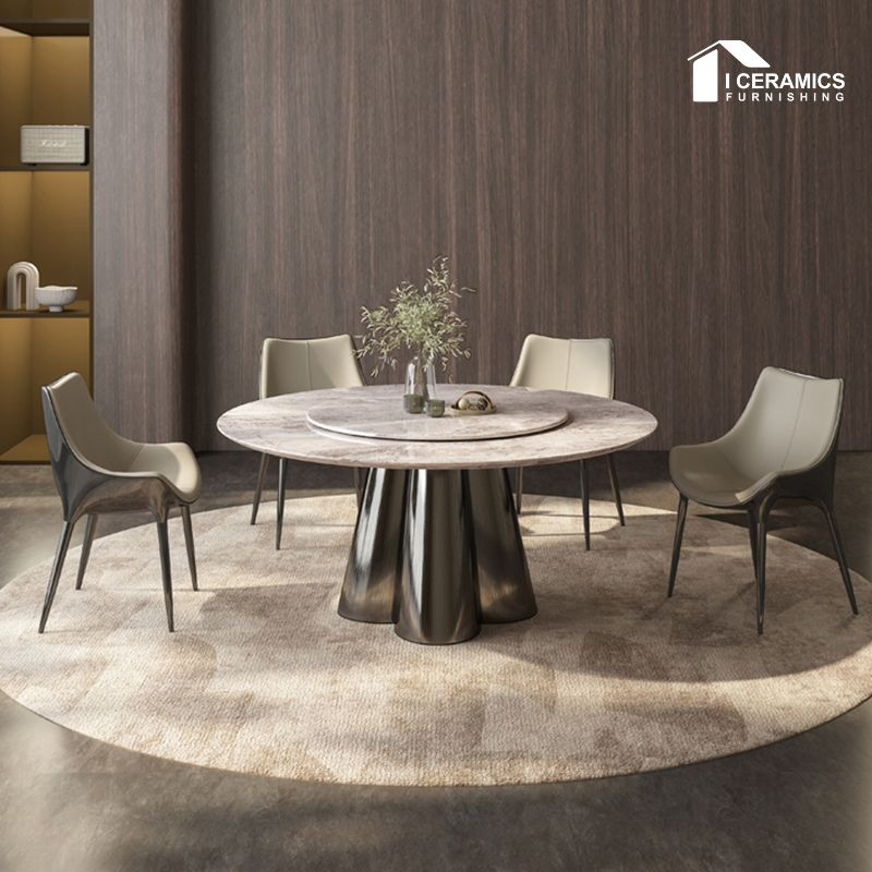 Conjunto de Mesa de Jantar com Tampão de Pedra Sinterizada Branca Redonda e Base de Aço Inoxidável