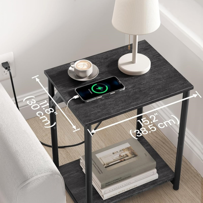 Mesa de cabeceira pequena para sofá, mesa lateral com armazenamento e estação de carregamento para sala de estar