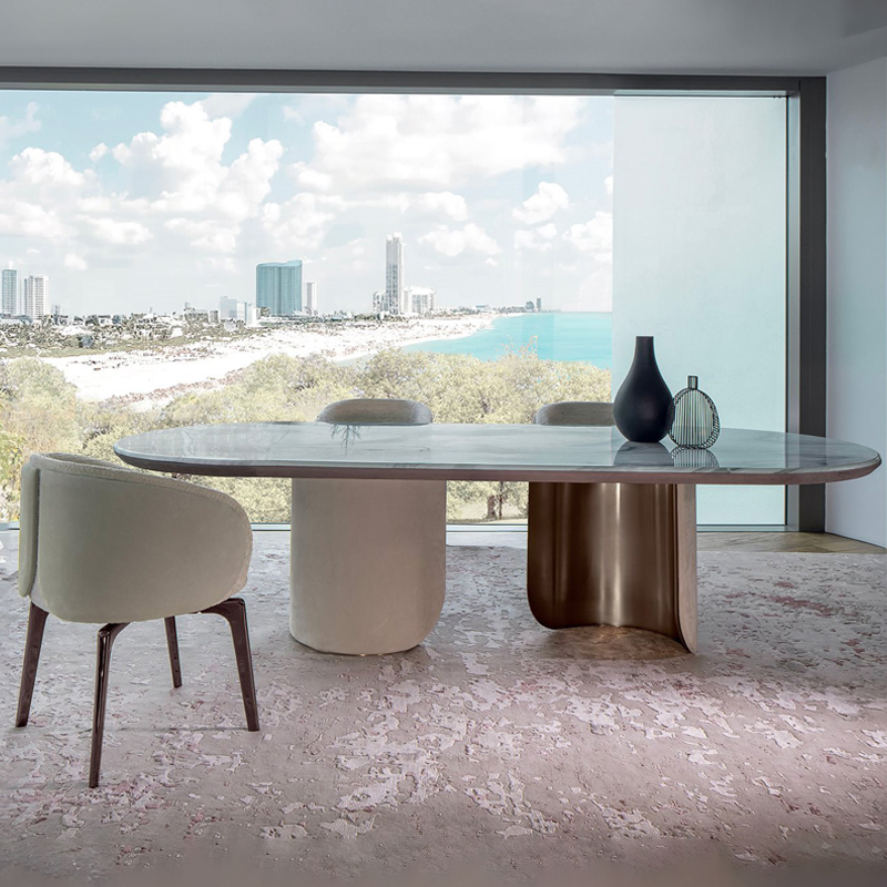 Mesa de Jantar Oval de Mármore Luxuosa com Pedestais Duplos e Pernas de Metal para Decoração de Villa