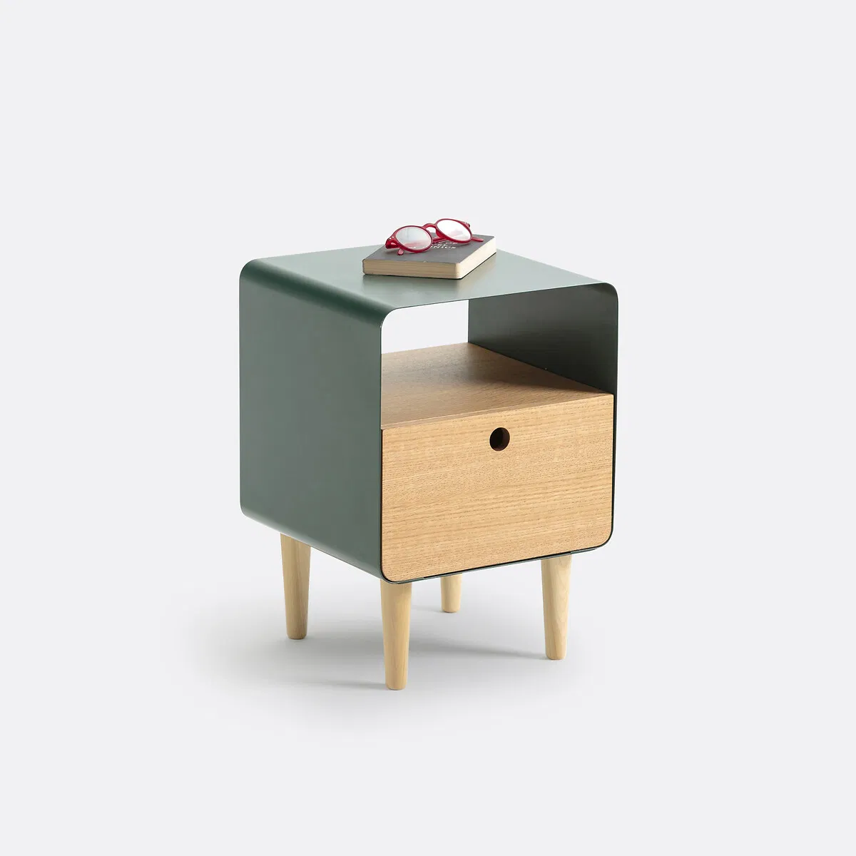 Mesa de cabeceira sólida em madeira nórdica com exterior metálico suave e compartimento para gaveta para sala de estar moderna
