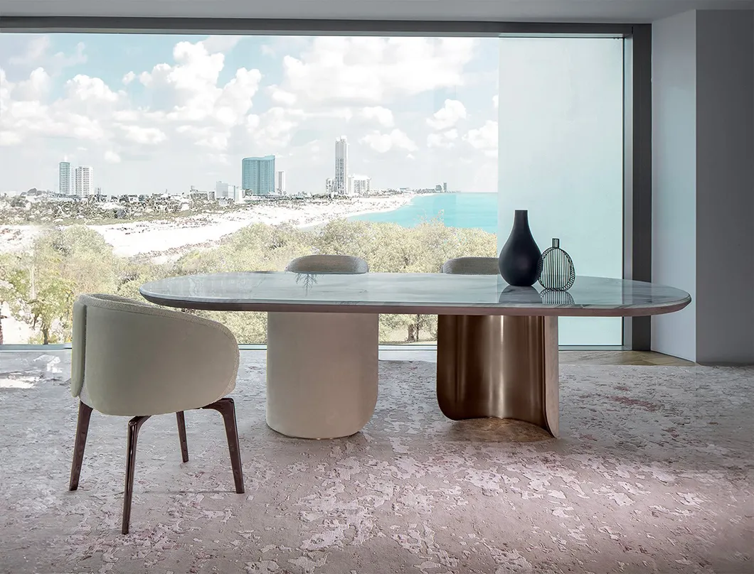Mesa de Jantar Oval de Mármore Luxuosa com Pedestais Duplos e Pernas de Metal para Decoração de Villa