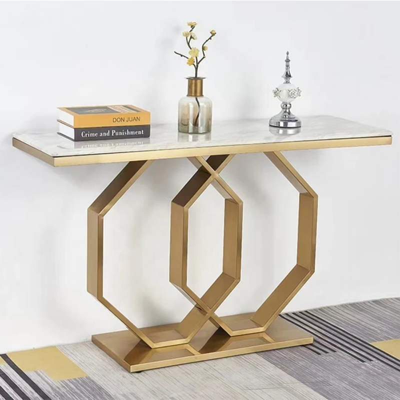 Mesa de Console Longa Grande Quadrada Branca em Mármore Falso com Pernas Altas Douradas para Lobby de Hotel Criativo Minimalista Moderno Italiano de Luxo