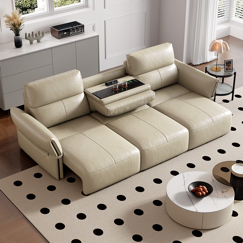 Sofá Cama Chaise Lounge em L de Couro Genuíno Marrom Minimalista com Reclinável
