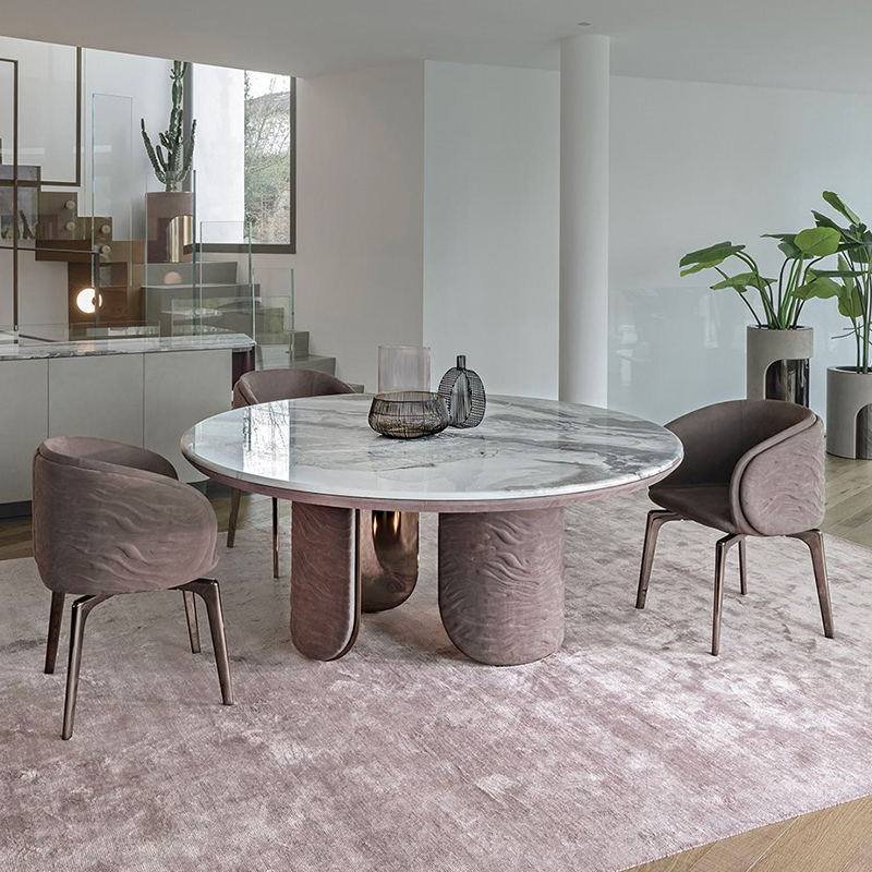 Mesa de Jantar Oval de Mármore Luxuosa com Pedestais Duplos e Pernas de Metal para Decoração de Villa