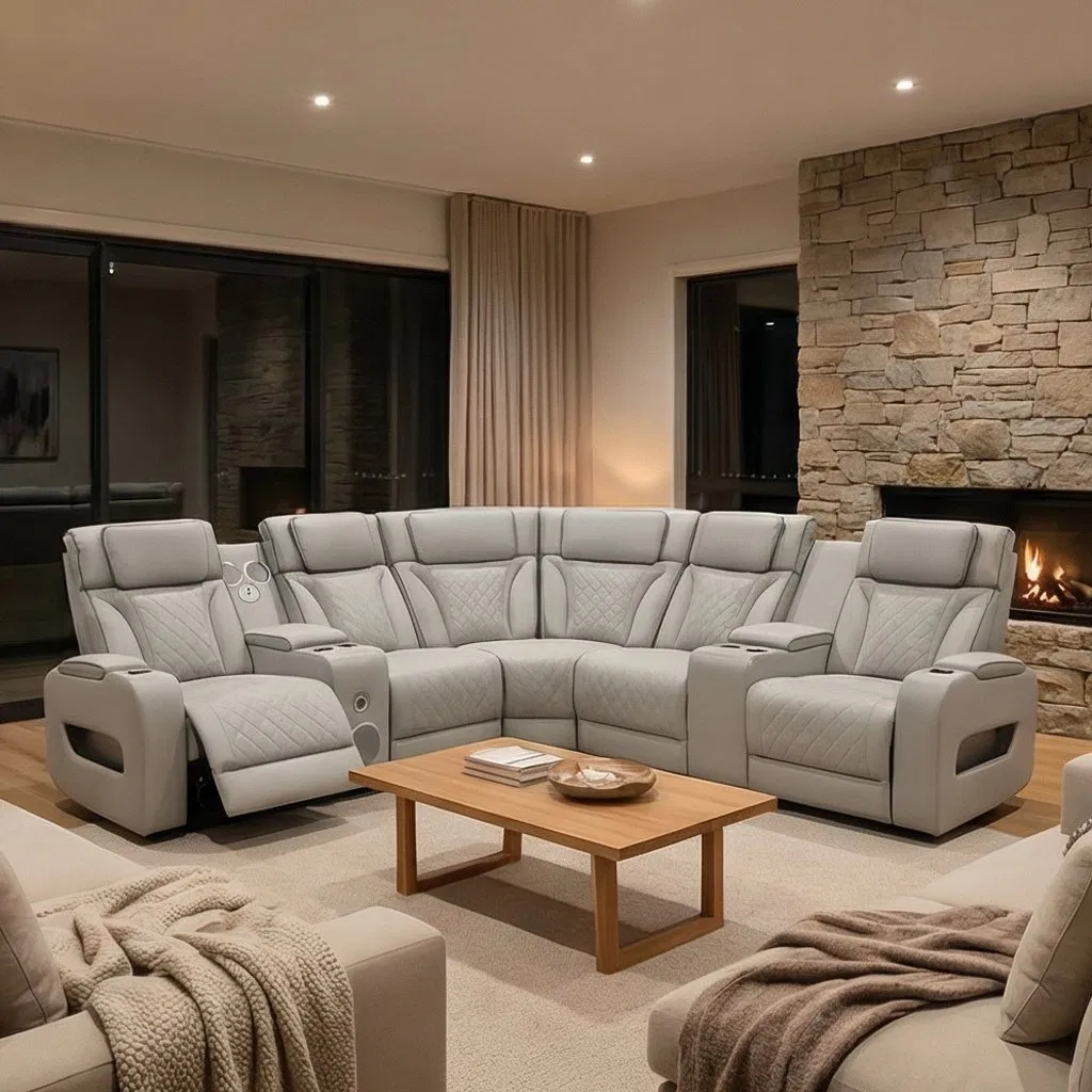 Venda Quente Sofá Recliner Elétrico Duplo em Couro Preto para Sala de Estar Sofás Seccionais de Luxo com Luz LED Apoio de Cabeça Ajustável Carregamento Sem Fio USB/Usc