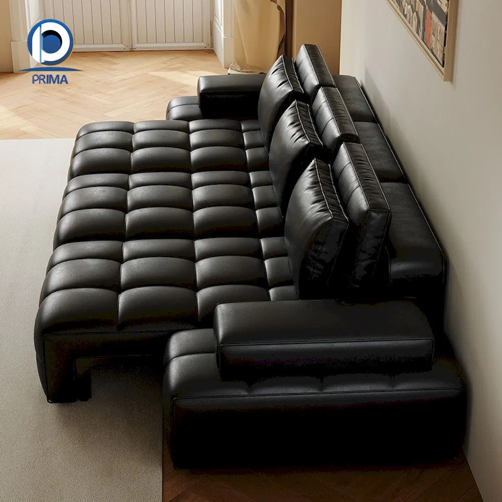 Sofá Seccional Cama Elétrica Modular em Couro Genuíno Preto Meia-Noite