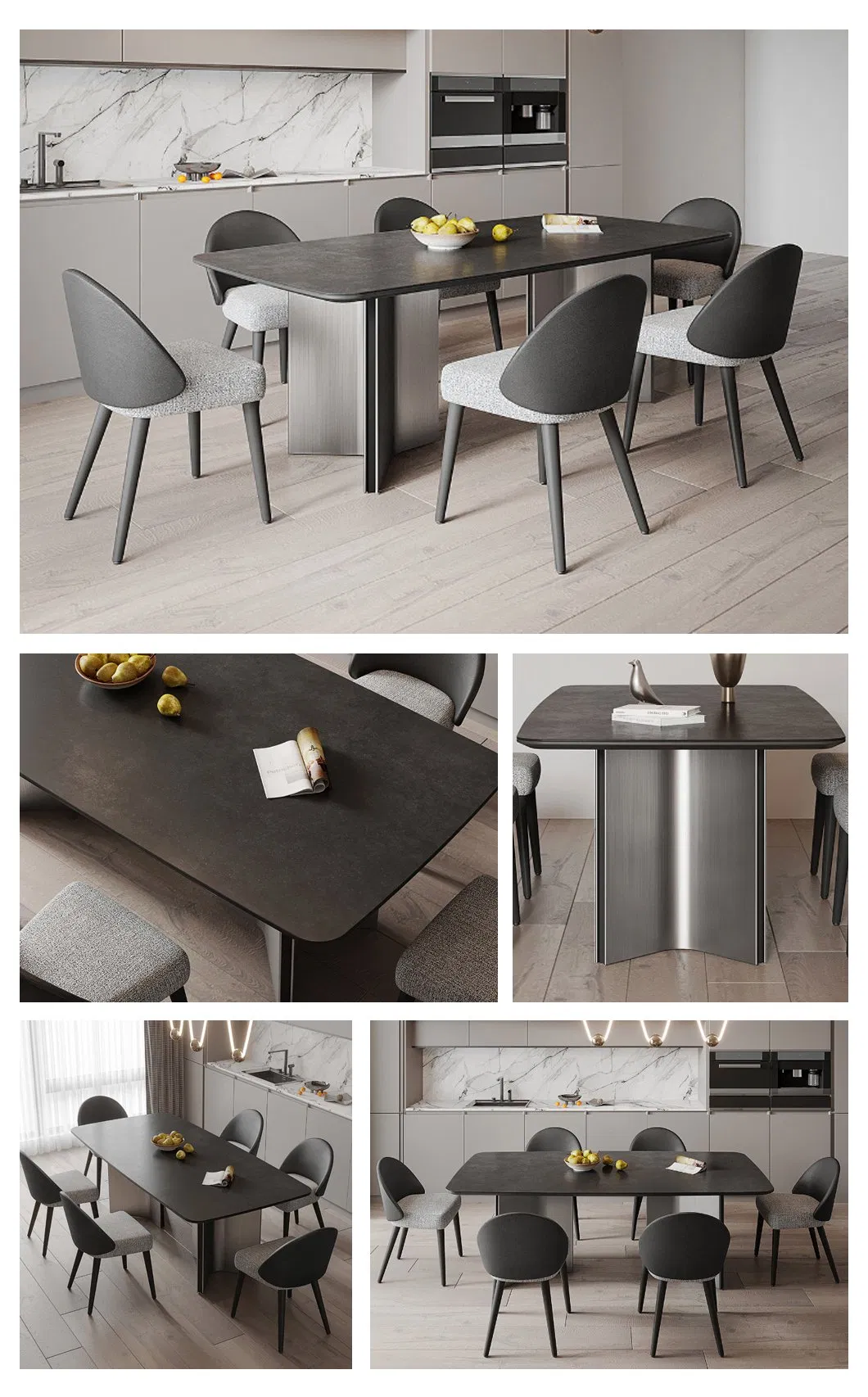 Conjunto de Móveis para Sala de Jantar em Estilo Moderno Italiano com Tampo de Mármore e Pernas de Aço Inoxidável, Mesa de Jantar Retangular em Pedra Sinterizada para o Lar