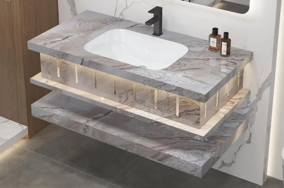Design de Cor de Mármore Slab Rock Moderno Unidade de Banho Espelho Pia Flutuante Vanidade de Banheiro