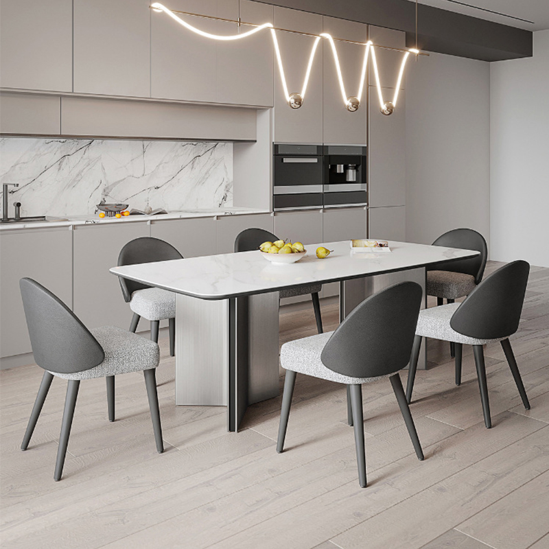 Conjunto de Móveis para Sala de Jantar em Estilo Moderno Italiano com Tampo de Mármore e Pernas de Aço Inoxidável, Mesa de Jantar Retangular em Pedra Sinterizada para o Lar
