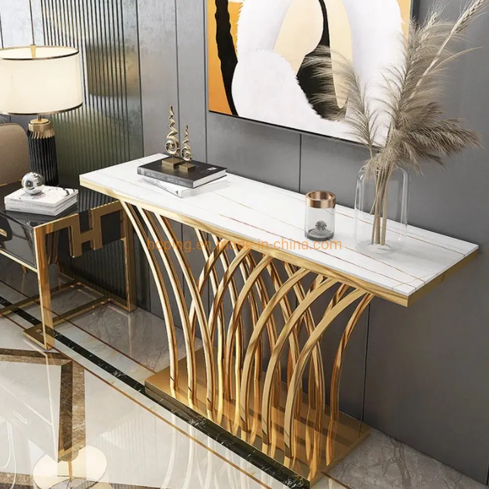 Mesa de console com tampo de mármore e estrutura de aço inoxidável dourado em forma de grama para decoração de corredor de hotel
