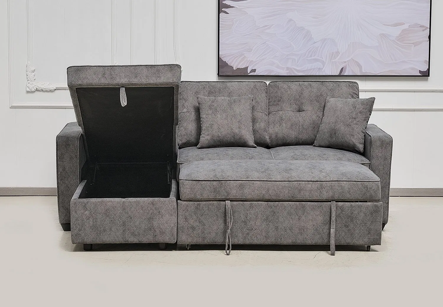 Sofá-cama estofado com chaise de armazenamento, sofá em L