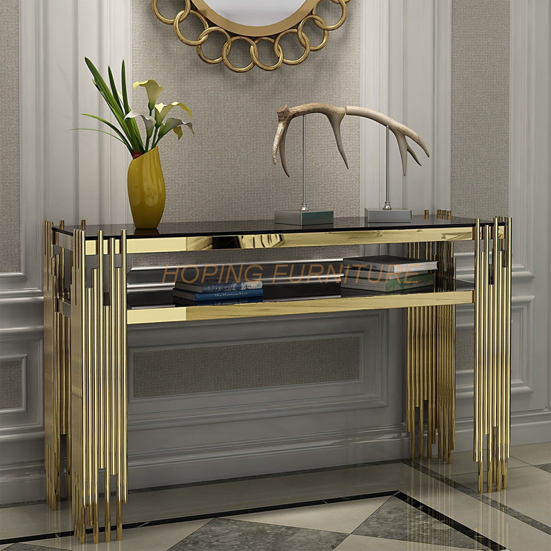 Mesa de console com tampo de mármore e estrutura de aço inoxidável dourado em forma de grama para decoração de corredor de hotel