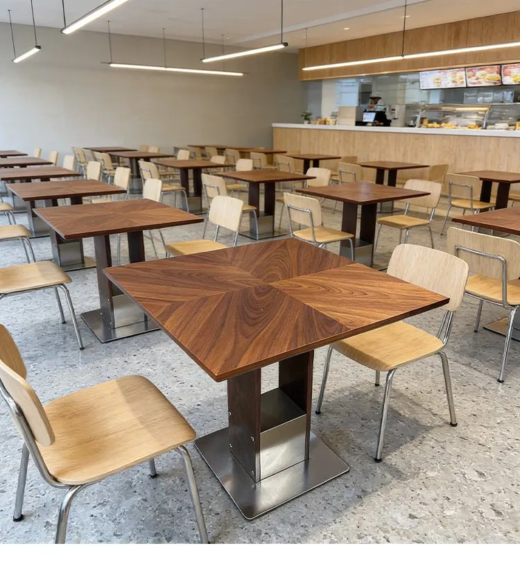 Conjunto de Mesa e Cadeiras de Restaurante em Grão de Noz Luxuoso, Mesa Quadrada de Madeira para Café, Mobiliário de Bistrô com Base Robusta