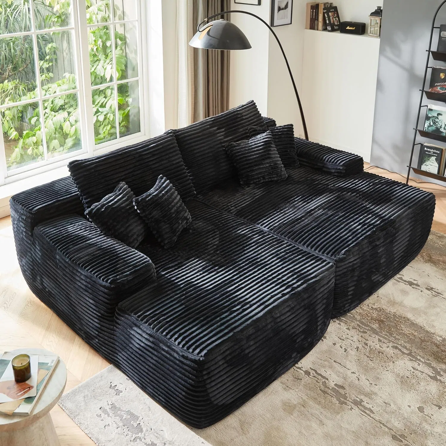 Sofá Comprimido Modular Moderno de Corduroy com Chaise Dupla Sem Ossos e Tamanho Grande