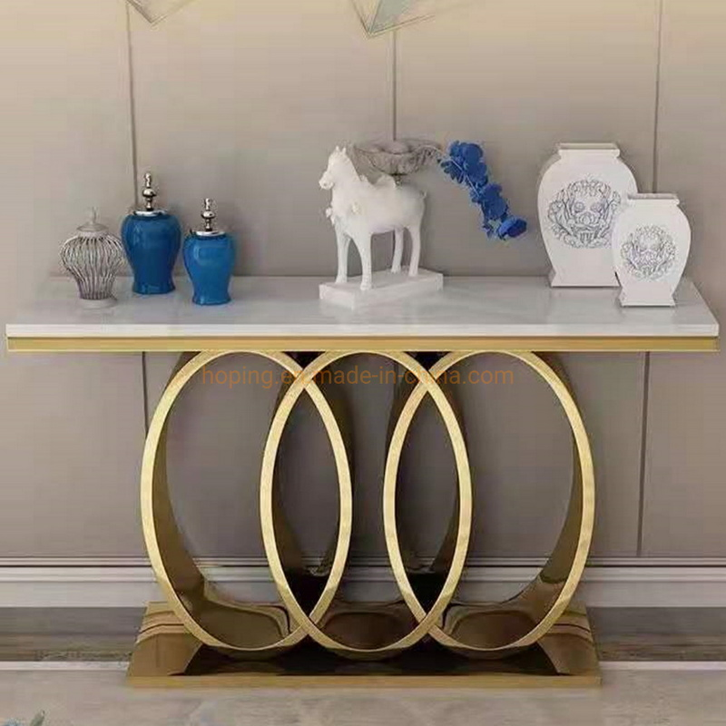 Mesa de console com tampo de mármore e estrutura de aço inoxidável dourado em forma de grama para decoração de corredor de hotel