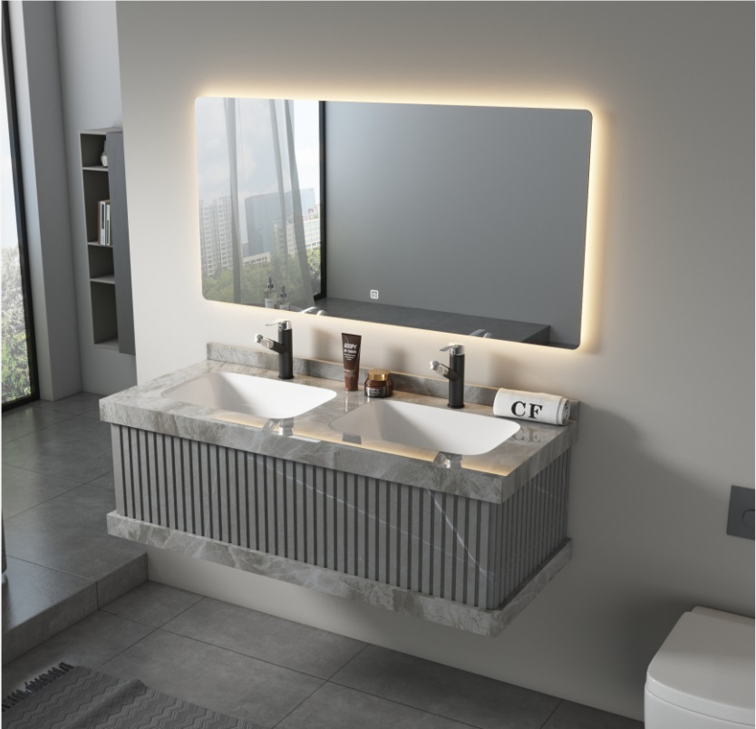 Vanidade de banheiro moderna de luxo com pias duplas, design individual, gabinete em pedra sinterizada com espelho