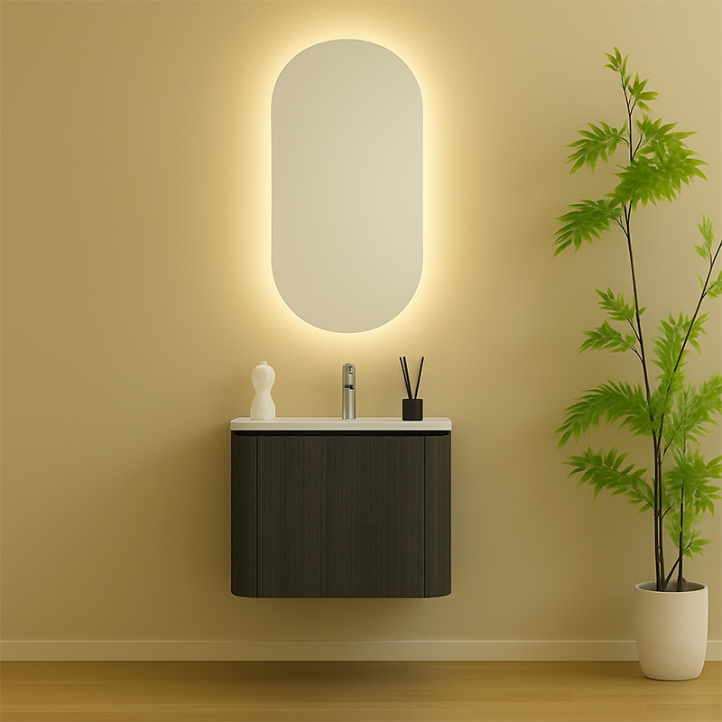 Vanidade de banheiro cinza em PVC com cantos arredondados modernos e espelho oval com LED