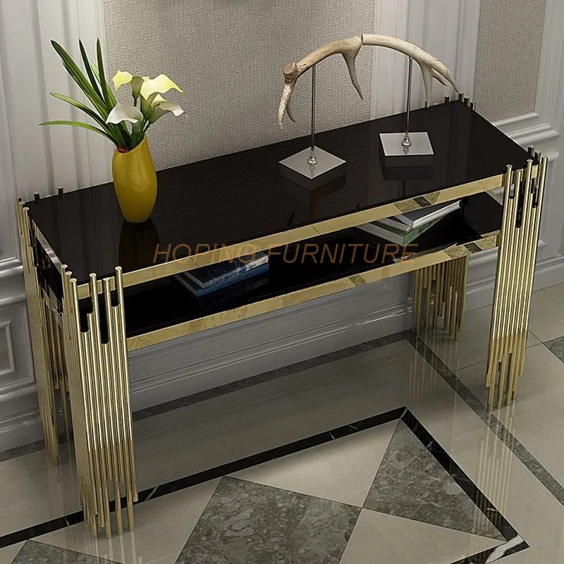 Mesa de console com tampo de mármore e estrutura de aço inoxidável dourado em forma de grama para decoração de corredor de hotel
