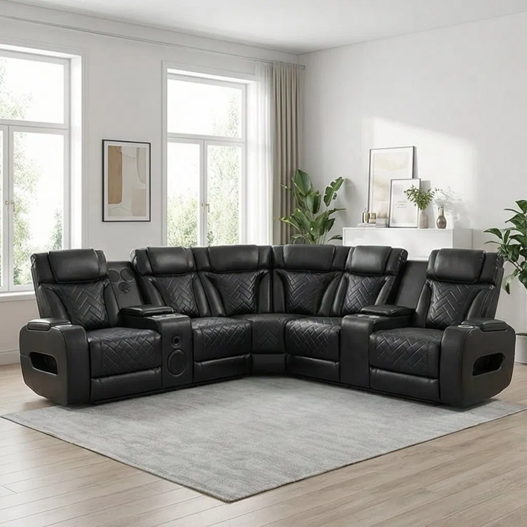 Venda Quente Sofá Recliner Elétrico Duplo em Couro Preto para Sala de Estar Sofás Seccionais de Luxo com Luz LED Apoio de Cabeça Ajustável Carregamento Sem Fio USB/Usc