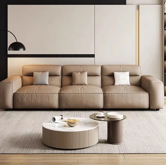 Sofá Seccional Cama Elétrica Modular em Couro Genuíno Preto Meia-Noite