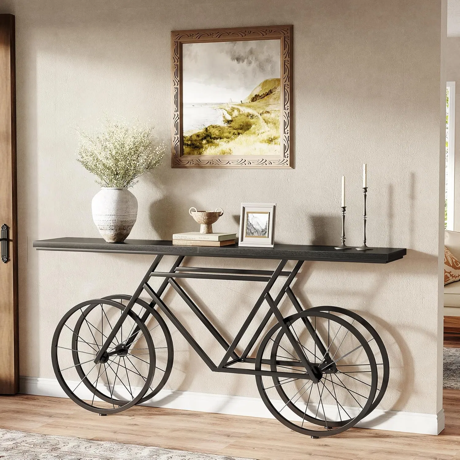 Mesa de Sofá Estreita de Design Preto para Bicicleta 70.9-Inch Mesa de Consola Extra Longa para Entrada